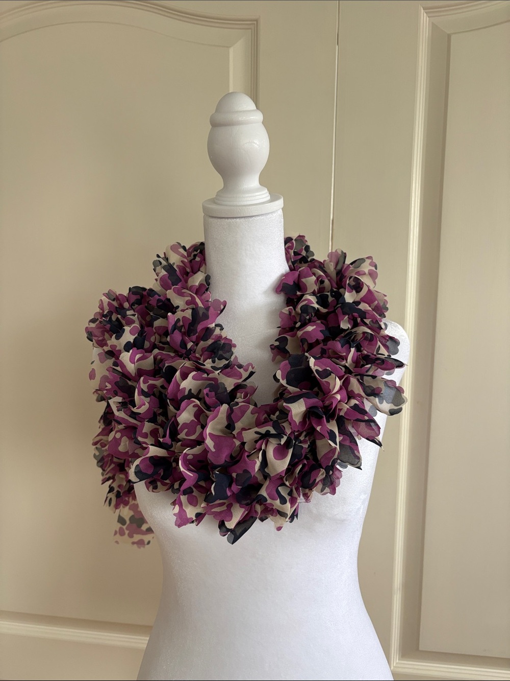 Ruffle Scarf /Extra Long in Purple, Navy and Cream Print / Lightweight